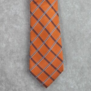 Chaps Orange Blue Plaid Tartan Stripe 100% Silk Handmade Men's Neck Tie NWOT‎